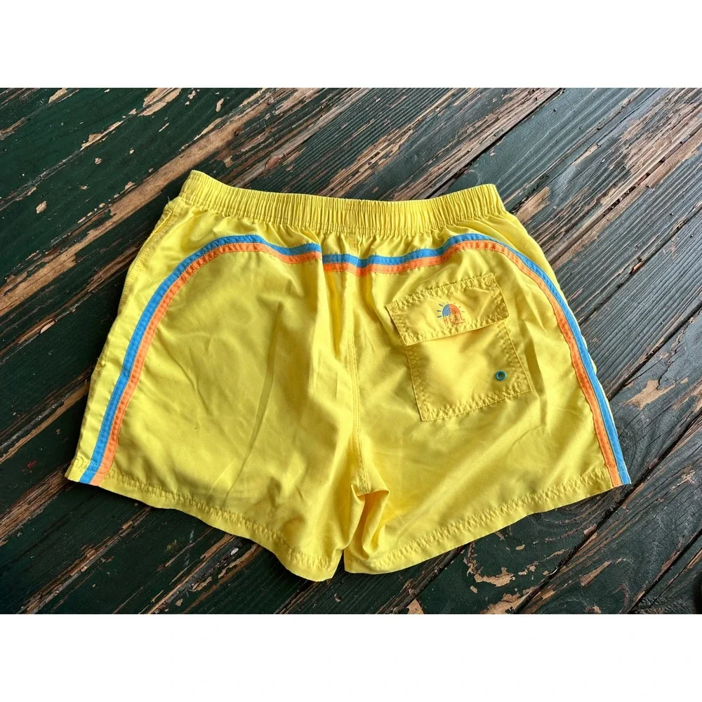 HEAT Swimwear Mens‎ Yellow Swim Trunks Blue Orange Stripe Mesh Lined Large
